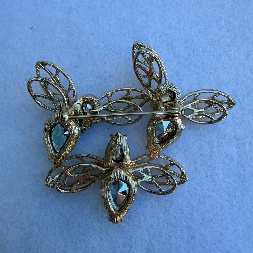 Large Triple Dragonfly Brooch Gold Tone Multicolor Rhinestone Statement Pin